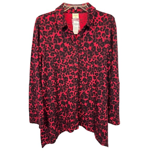 Soma Red Print Button Down Swing Tunic Top Shirt  Size M  NWT  Shark Bite Hem - Picture 1 of 7